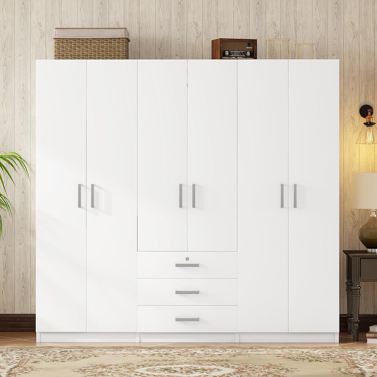 BEDGJH Large Wardrobe Closet 6 Doors, 70.9" W Wooden Wardrobe Cabinet with Big Drawers, Bedroom Armoire Dresser Wardrobe Clothes Organizer (White) BEDGJH