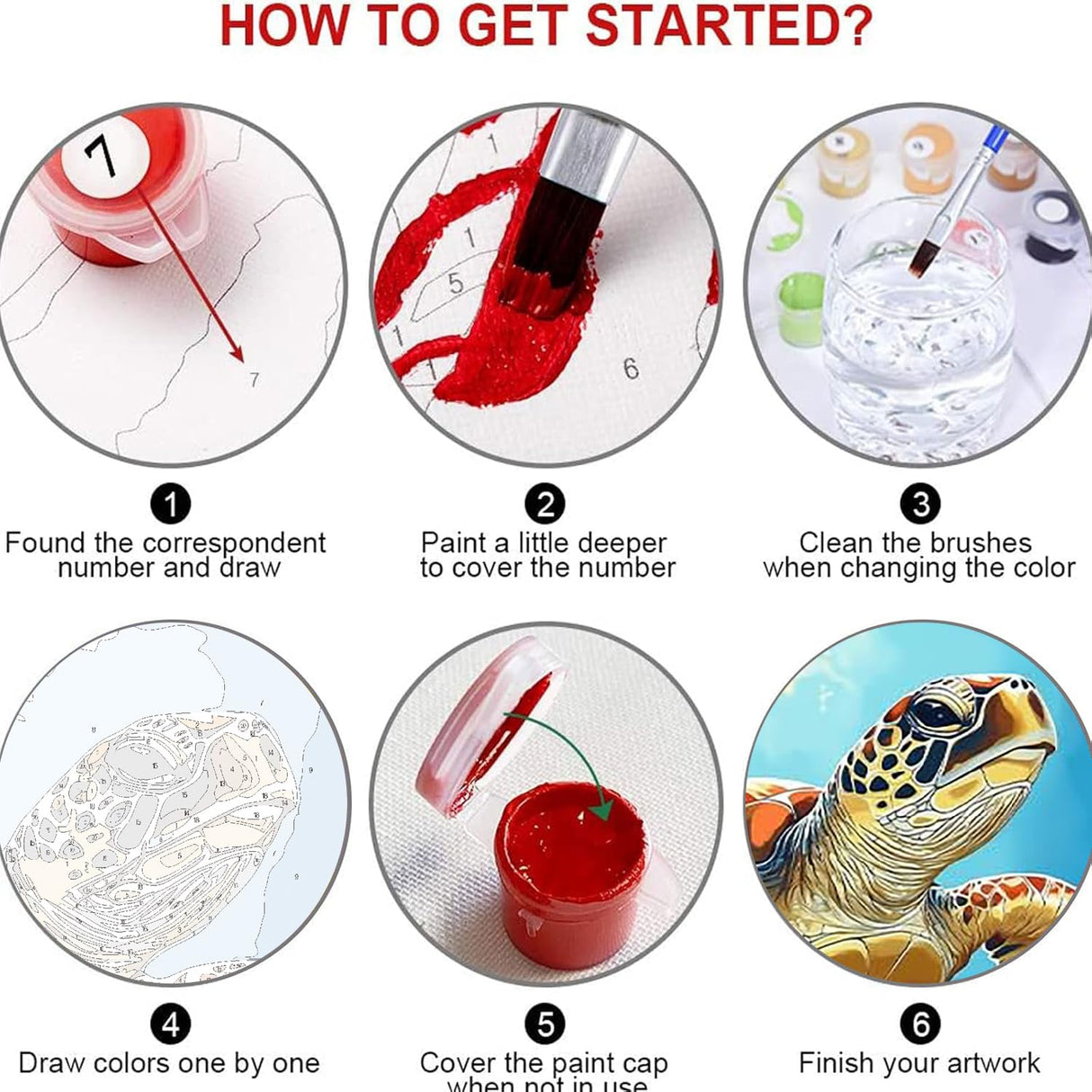 6 Packs Paint by Number for Adults, Beach DIY Acrylic Oil Painting Paint by Numbers Kits on Canvas, Adults Paint by Numbers Kits Drawing Paintwork for Home Decor Gift Sea Turtle 12x16in KICHANG