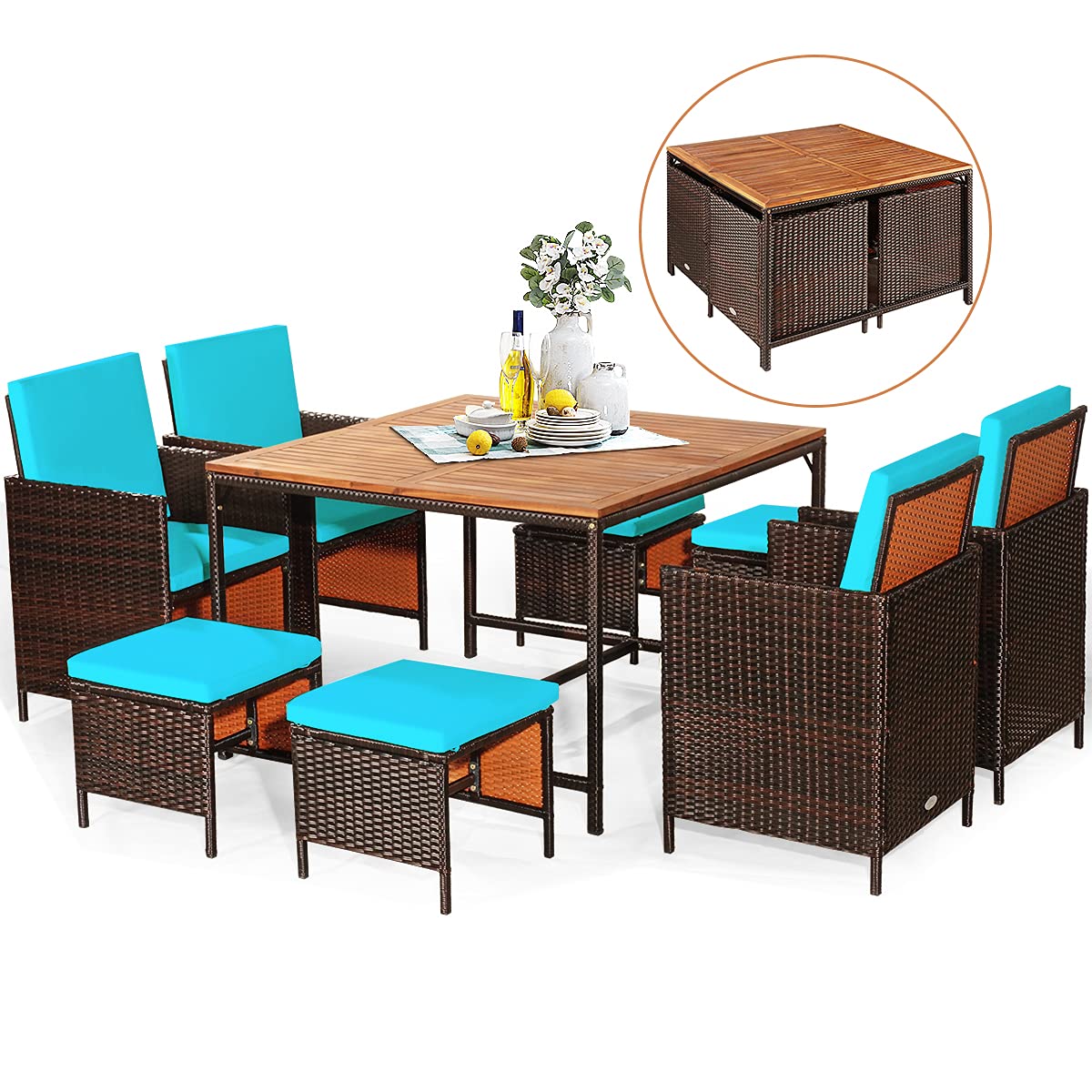 RELAX4LIFE 9-Piece Outdoor Dining Set - Patio Wicker Furniture Set w/Acacia Wood Tabletop, Soft Seat & Back Cushions, Dining Table & Chair Set for Backyard, Poolside (Turquoise) - WoodArtSupply