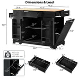 Ball & Cast Fluted Kitchen Island with Trash Can Storage Cabinet,Power Outlet,Internal Storage Rack,Rolling Kitchen Islands On 5 Wheels W/3 Drawers & 3 Open Side Racks for 10 Gallon Garbage Bin,Black Ball & Cast