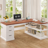 SEDETA L Shaped Desk, Farmhouse Desk with Drawers and Storage Shelves, Executive Home Office Desk with Power Outlet, File Cabinet Storage, Wood Corner Computer Desk, White SEDETA