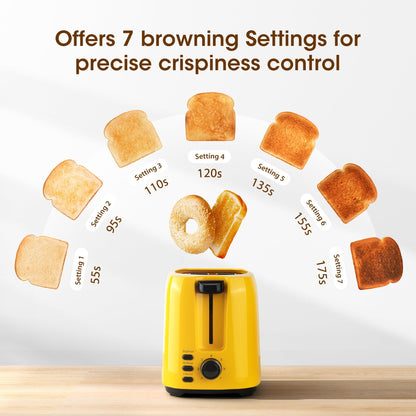 iSiLER 2 Slice Toaster, 1.3 Inches Wide Slot Bagel Toaster with 7 Shade Settings and Double Side Baking, Removable Crumb Tray, Defrost Cancel Function Yellow