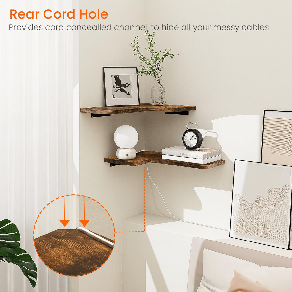 Homode Corner Floating Shelves, Corner Shelves Wall Mounted with Cord Hole, Set of 3 L Shape Wood Wall Storage Shelves for Living Room Bedroom Bathroom Kitchen, Rustic Brown Homode