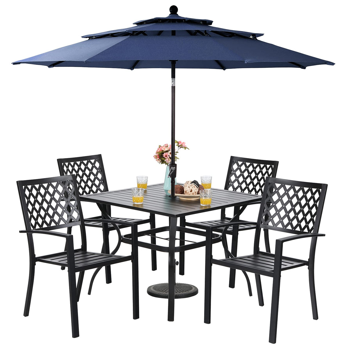 Sophia & William Metal Outdoor Patio Dining Set 6 PCS with 10ft 3 Tier Auto-tilt Umbrella(Navy Blue), 4 x Metal Outdoor Chairs, 1 x Square 37"x 37" Dining Table and 1 Patio Umbrella Sophia & William