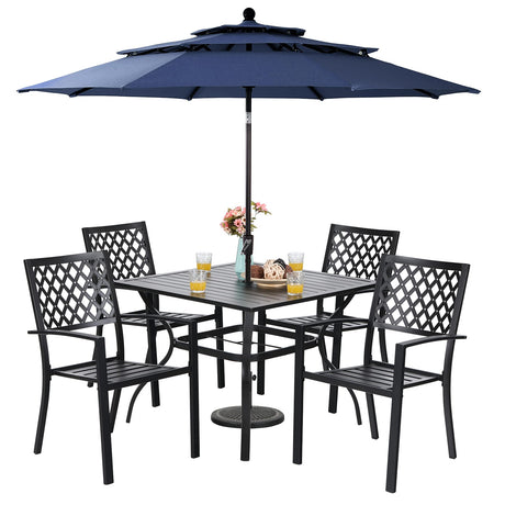 Sophia & William Metal Outdoor Patio Dining Set 6 PCS with 10ft 3 Tier Auto-tilt Umbrella(Navy Blue), 4 x Metal Outdoor Chairs, 1 x Square 37"x 37" Dining Table and 1 Patio Umbrella Sophia & William
