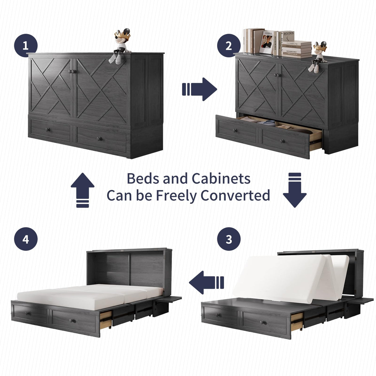 ijuicy Queen Murphy Bed with Foam Mattress, Modern Cabinet Bed with Charging Station & Storage Drawer, Bedroom Armoire (Grey) ijuicy