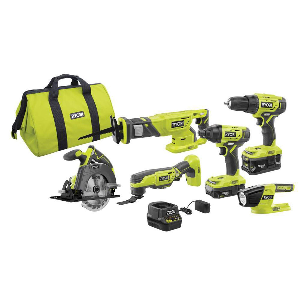 RYOBI P1819 18V One+ Lithium Ion Combo Kit (6 Tools: Drill/Driver, Impact Driver, Reciprocating Saw, Circular Saw, Multi-Tool, LED Worklight, 4.0 Ah & 1.5 Ah Battery, Charger, Bag) RYOBI