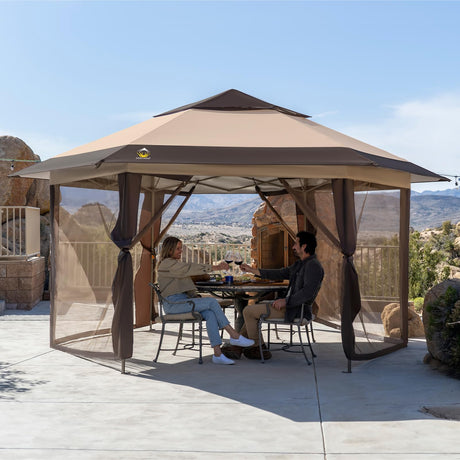 CROWN SHADES 12x12 Pop up Gazebo with Mosquito Nettings, Patented Center Lock 6-Sided Portable Gazebo, 300D Silver-Coated Fabric UV Resistant, Pop Up Canopy Tent for Patio, Party, Beige&Coffee CROWN SHADES