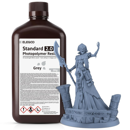 ELEGOO Standard 2.0 Photopolymer Resin 2000g Grey, Rapid Precise Printing Resin 405nm LCD UV-Curing for LCD/DLP/MSLA 3D Printer