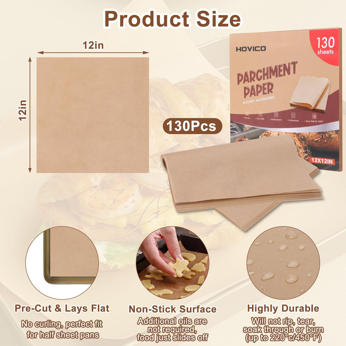 Hovico 130PCS Parchment Paper Baking Sheets, 12x12 Inch, Precut Non-Stick Parchment Sheets for Baking, Grilling, Air Fryer, Steaming, and More (Unbleached) - Perfect for BBQ, Picnic, Festival, Bread Hovico