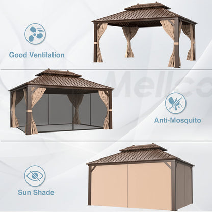 MELLCOM 12' x 16' Hardtop Gazebo, Galvanized Steel Metal Double Roof Aluminum Gazebo with Curtains and Netting, Brown Permanent Pavilion Gazebo with Frame for Patios, Gardens, Lawns - WoodArtSupply