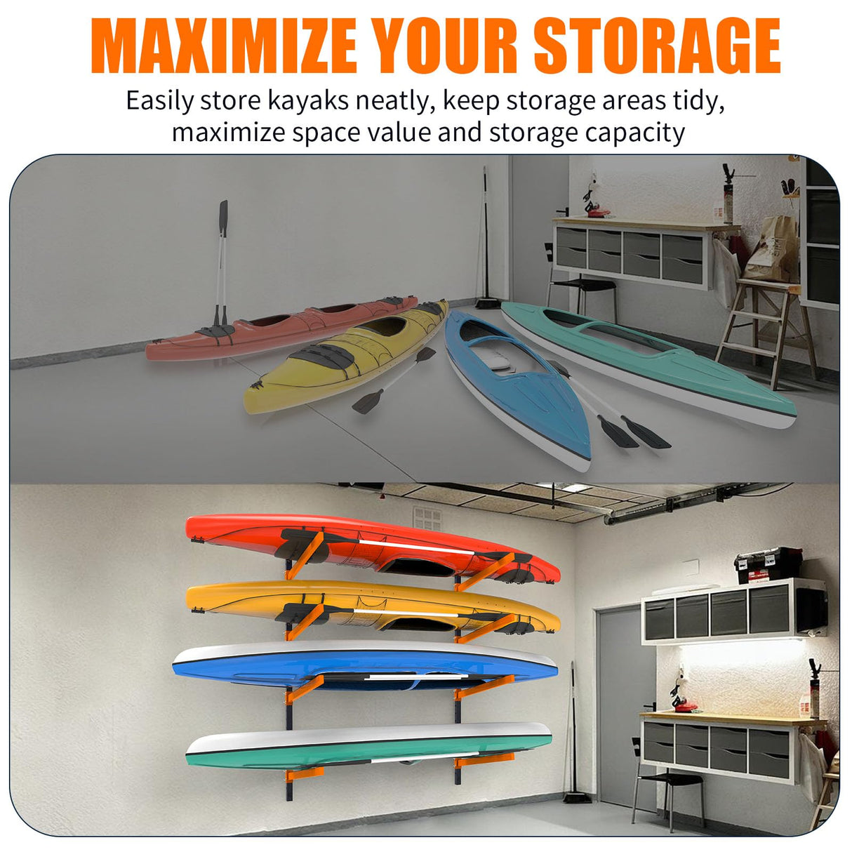 UOKRR Kayak Storage Rack, Wall Mount Kayak Racks for Indoor Outdoor Storage, Heavy Duty Adjustable Kayak Rack for Garage, Spacesaver (4 Kayaks, Wall Mount) UOKRR