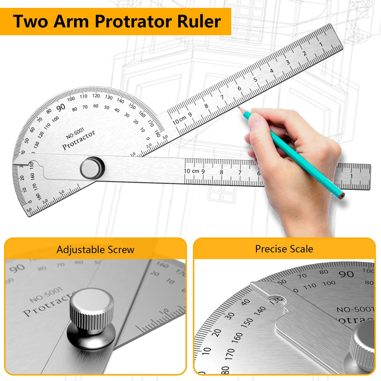 ForoGore Stainless Steel Protractor 180 Degrees Two Arm Ruler Adjustable Angle Protractor Woodworking Ruler Craftsman Angle Measure Tool (10 cm/ 3.94 Inch) ForoGore