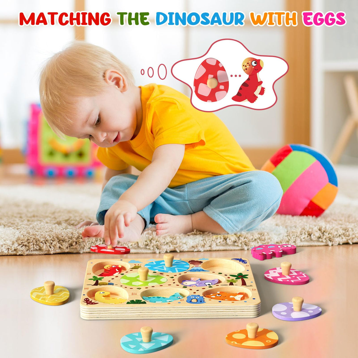 Zeoddler Wooden Puzzles for Toddlers, 8 Pcs Dinosaur Matching Egg Puzzle, Montessori Toys for Boy Girl Easter Birthday Gifts, Preschool Learning Activities & Educational Toys for Boys, Girls Zeoddler