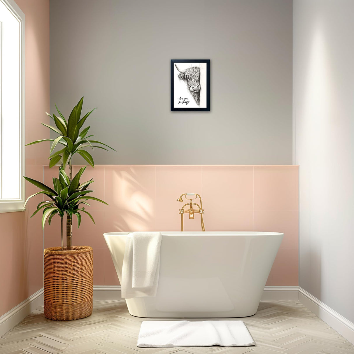 Funny Highland Cow Bathroom Wall Art - Rustic Farmhouse Wall Decor with Humorous Are You Pooping Canvas Print, Cute Animal Canvas Art for Restroom - Black Framed Cow Pictures Wall Decor Ready to Hang 8"x10" Gongyuanyihao Arts