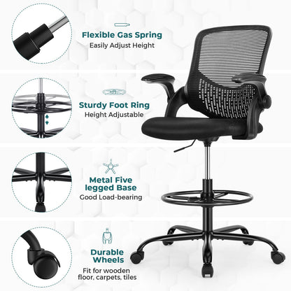 SMUG Drafting Chair Tall Office Chair for Standing Desk Adjustable Height Office Desk Chair with Adjustable Flip Up Armrests and Foot-Ring for Task, Working, Drafting, Studying, Dark Black