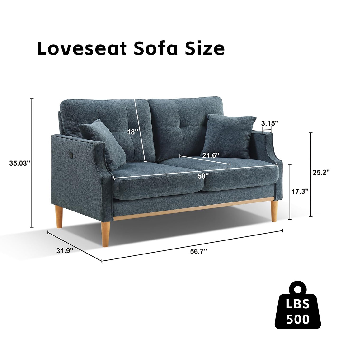 SoarTalent 56.7" Loveseat Sofa Small Couch Fabric Upholstered 2-Seat Sofa with USB Port for Small Place, Apartment, Living Room,Office(Dark Blue)