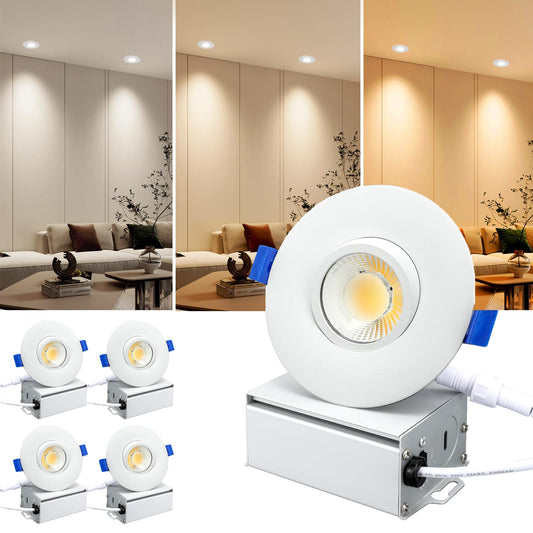 Sublimation 4 Packs 3 Inch 3CCT Gimbal Led Recessed Light with Junction Box 10w,Waterproof recessed Lights for Shower,3 Colors Adjustable,Suitable for Bathroom,Parlor,Bedroom,Kitchen,Balcony