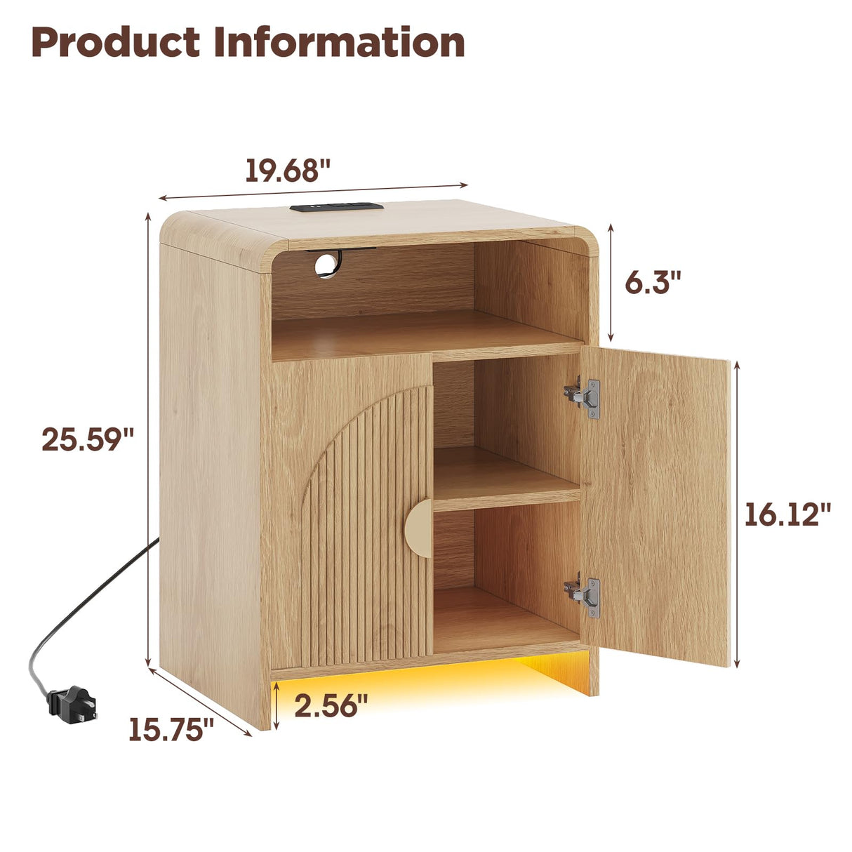 Nightstand with Charging Station and LED Lights, Night Stands with Adjustable Storage Cabinet, Modern Side Table with Fluted Doors and Open Storage, Bedside Table for Bedroom, Natural Vabches