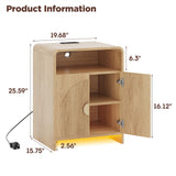 Nightstand with Charging Station and LED Lights, Night Stands with Adjustable Storage Cabinet, Modern Side Table with Fluted Doors and Open Storage, Bedside Table for Bedroom, Natural Vabches