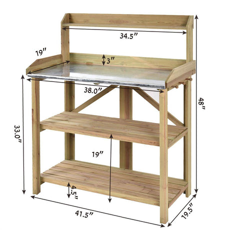 Giantex Garden Potting Bench, Galvanized Steel Top, 6 Hooks, 2 Tier Storage Shelves, Wood Workstation for Indoor Outdoor Gardening Planting Garage Tools, Potted Plant, Worktable 41.5"x19.5"x48" Giantex