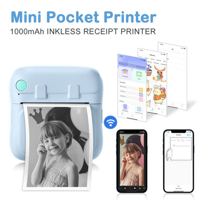 Mini Printer Portable for Smartphone, Wireless Thermal Printer Photo Printer with 7 Rolls of Paper, Inkless Pocket Printer Bluetooth Smart Printer for Picture, Receipt Label, Note, QR Code Printing