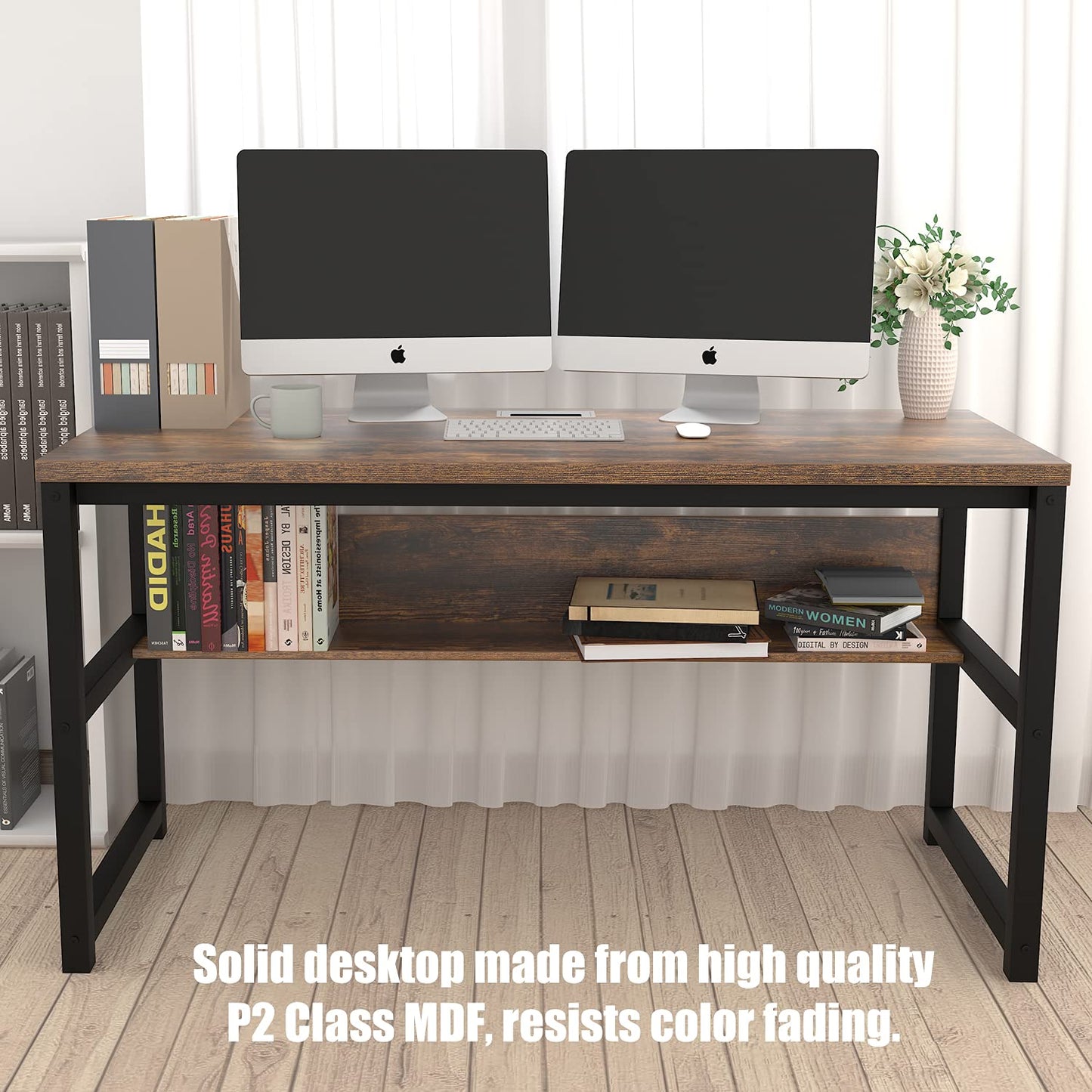 TOPSKY Rustic Brown Computer Desk with Bookshelf and Metal Cable Grommet - 55" Thick & Sturdy Design - WoodArtSupply