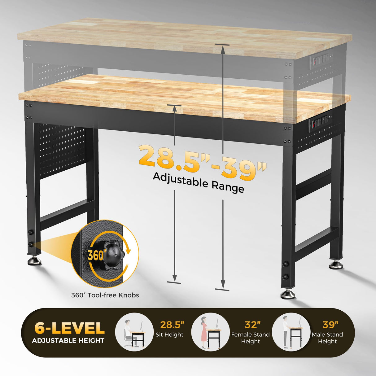 CAMMOO 48" Adjustable Heavy Duty Workbench, 2000 LBS Load Capacity Rubber Wood Work Table with Pegboard, Power Outlets, Work Bench for Garage, Workshop, Office, Home, Commercial CAMMOO