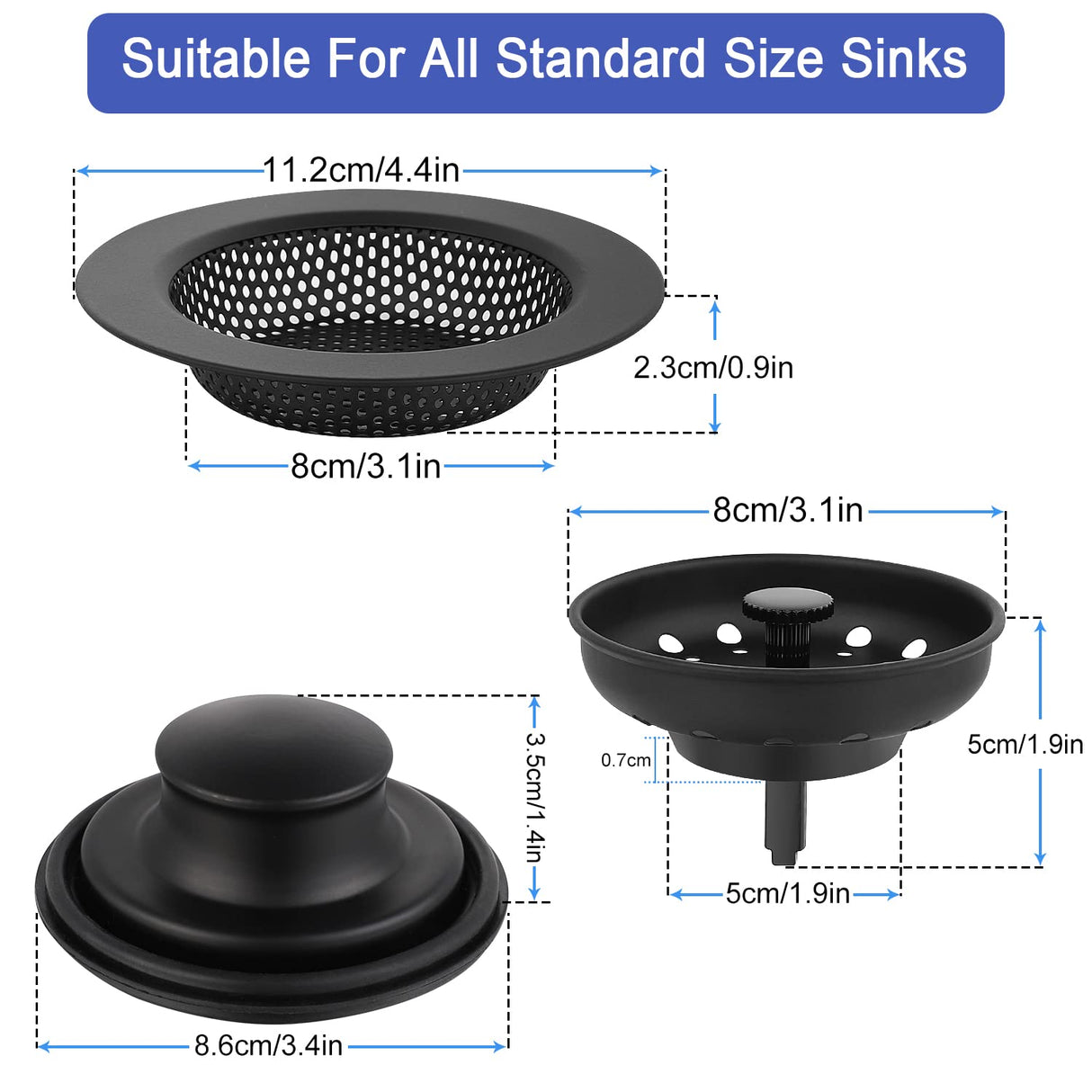 Kitchen Sink Drain Strainer 3 Pack Stainless Steel Sink Stopper, Anti-Clogging Kitchen Sink Drain Basket for Kitchen Sink Strainer Replacement Set Carry360