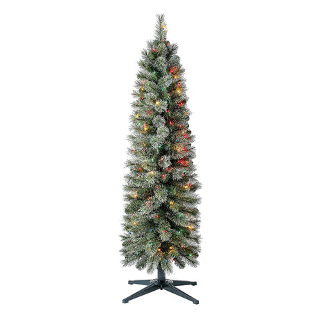 Home Heritage Stanley 5 Foot Skinny Pencil Pine Pre-Lit Artificial Christmas Tree Holiday Decor with 150 Multi-Color Lights and Stand, Green Home Heritage