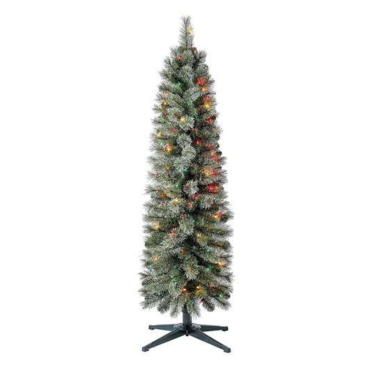 Home Heritage Stanley 5 Foot Skinny Pencil Pine Pre-Lit Artificial Christmas Tree Holiday Decor with 150 Multi-Color Lights and Stand, Green