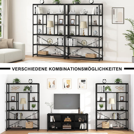 LVB 6 Tier Tall Black Bookshelf, Modern Large Wide Book Rack Storage, Industrial Wood Metal Etagere 6 Shelf Bookcase, Farmhouse Open Display Book Shelf Organizer for Bedroom Living Room Office, Black LVB