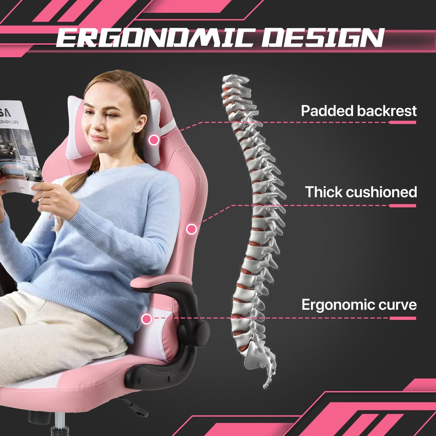 Gaming Chair for Adult, Kids Pink Office Desk Chair Ergonomic High Back Computer Chair with Lumbar Support Flip-up Arms Headrest PU Leather Swivel Task Chair for Girls