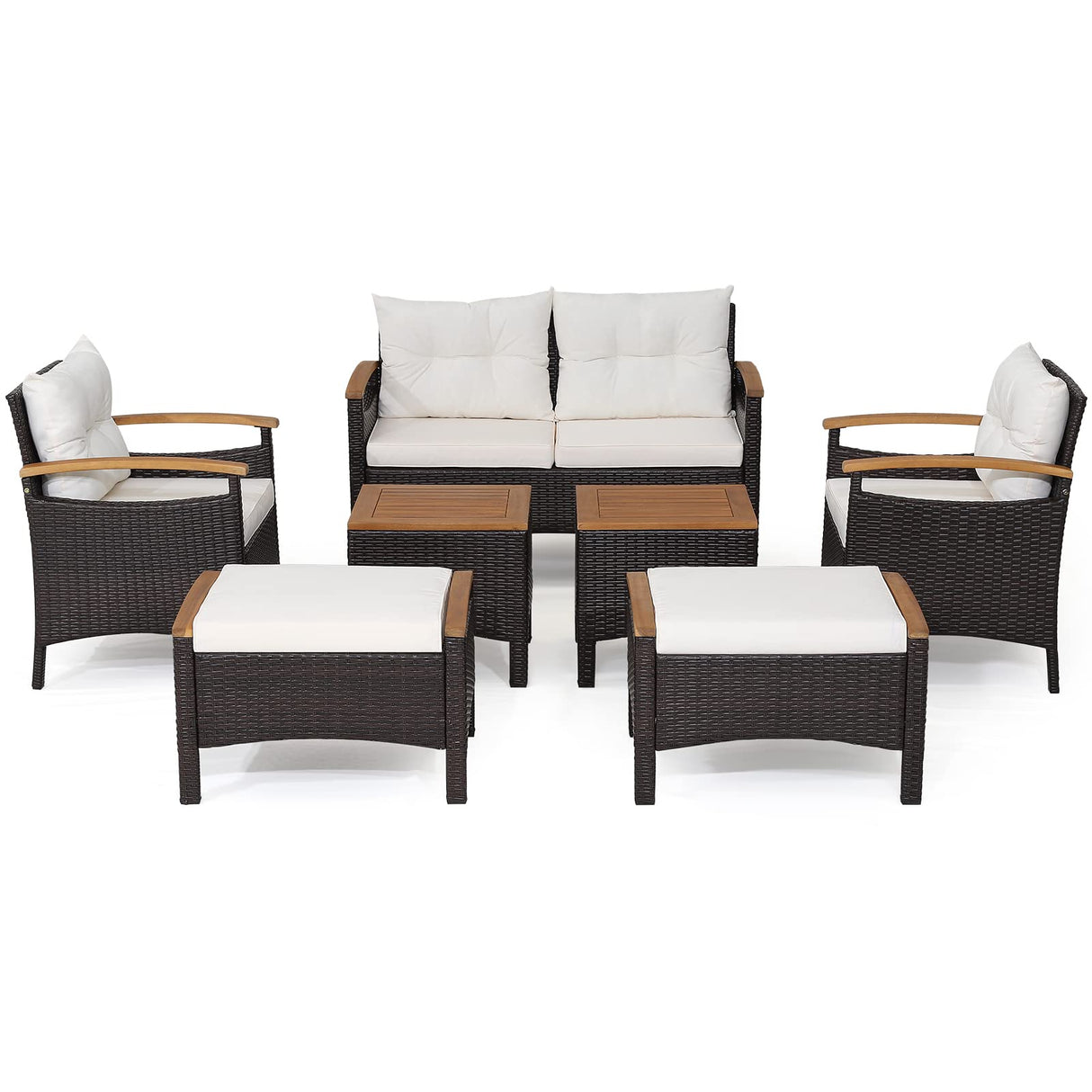 Tangkula 7 Pieces Patio Rattan Sofa Set, Outdoor Wicker Conversation Set w/Seat & Back Cushions, 2 Ottomans & 2 Coffee Tables, Acacia Wood Tabletop & Armrests, Wicker Sofa Set for Backyard, Poolside Tangkula