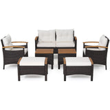 Tangkula 7 Pieces Patio Rattan Sofa Set, Outdoor Wicker Conversation Set w/Seat & Back Cushions, 2 Ottomans & 2 Coffee Tables, Acacia Wood Tabletop & Armrests, Wicker Sofa Set for Backyard, Poolside Tangkula