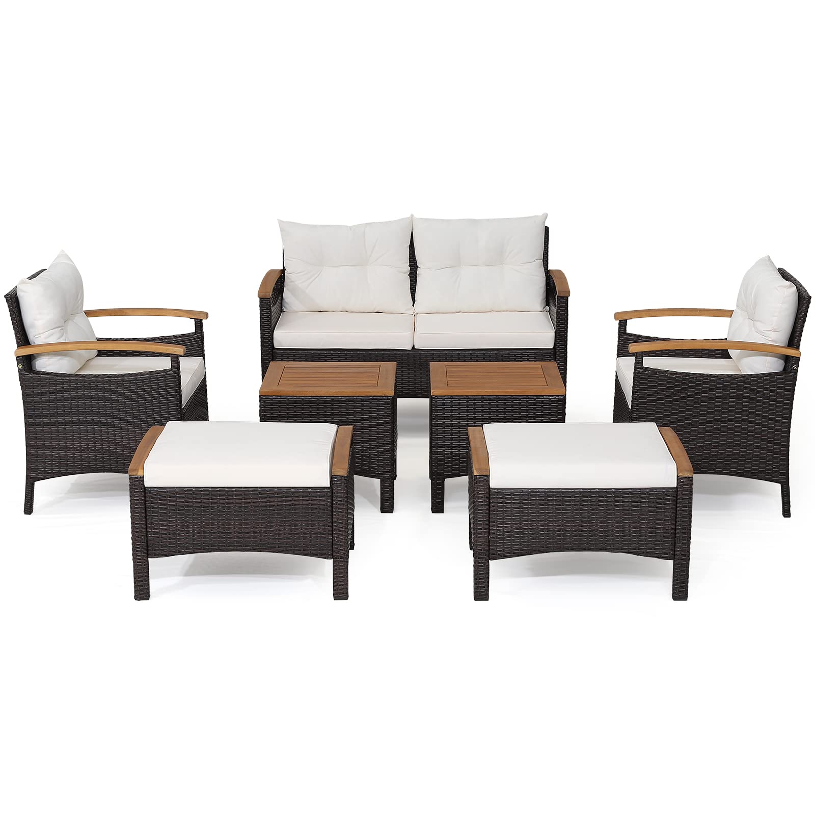 Tangkula 7 Pieces Patio Rattan Sofa Set, Outdoor Wicker Conversation Set w/Seat & Back Cushions, 2 Ottomans & 2 Coffee Tables, Acacia Wood Tabletop & Armrests, Wicker Sofa Set for Backyard, P - WoodArtSupply