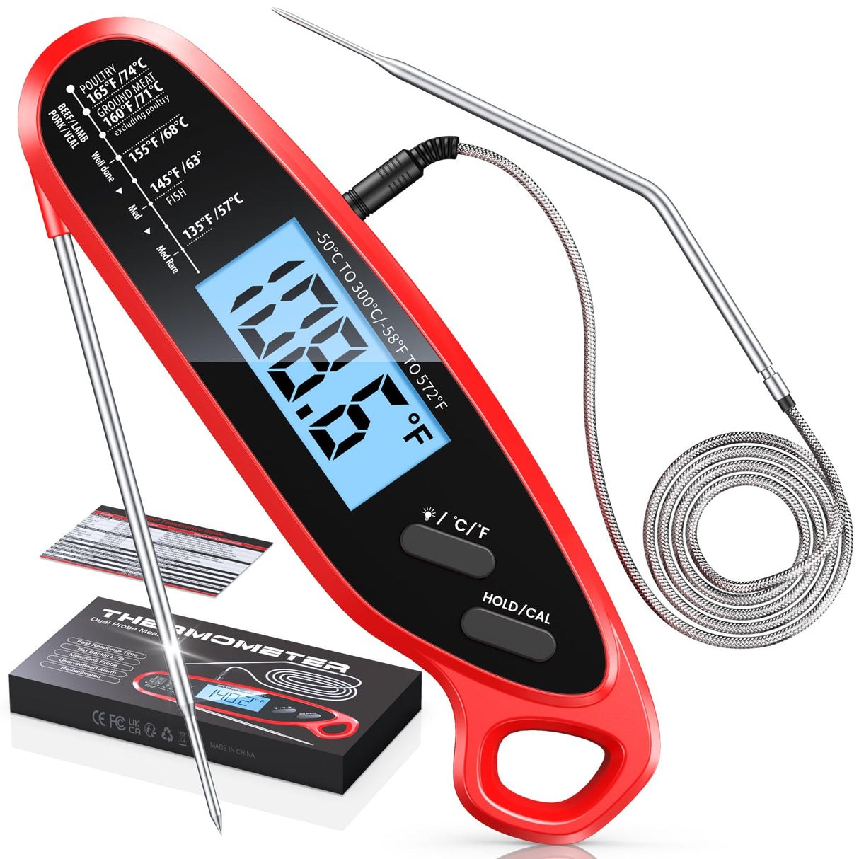 Vuwwey Instant Read Meat Thermometer Digital for Cooking with Dual Probe, Big Backlit & Calibration, Food Thermometer for Oven, Candy, BBQ, Grill, Smoker & Oil Fry, Gifts for Men, Kitchen Essentials Vuwwey