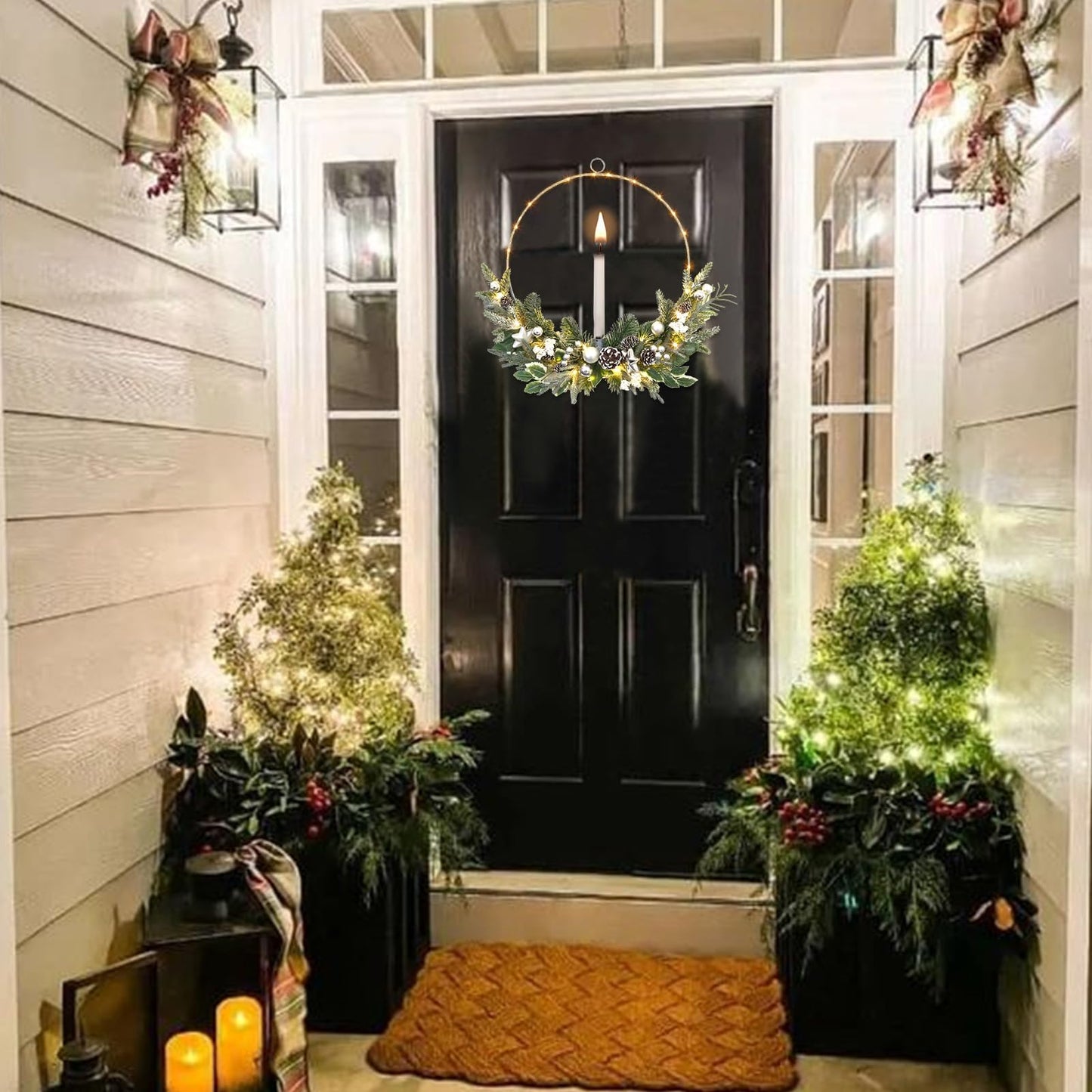 Christmas Silver Lighted Wreath,prelit Christmas Hoop Wreath, Modern Decor,Farmhouse Winter Wreath, 16inch Christmas Wreath for Front Door Outside with flameless Candle,Front Porch Decoration w/Light