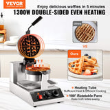 VEVOR Commercial Waffle Maker, 1300W Round Waffle Iron, Non-Stick Rotatable Waffle Baker Machine With 122-572℉ Temp Range and Time Control, Teflon-Coated Baking Pan Stainless Steel Body 120V VEVOR