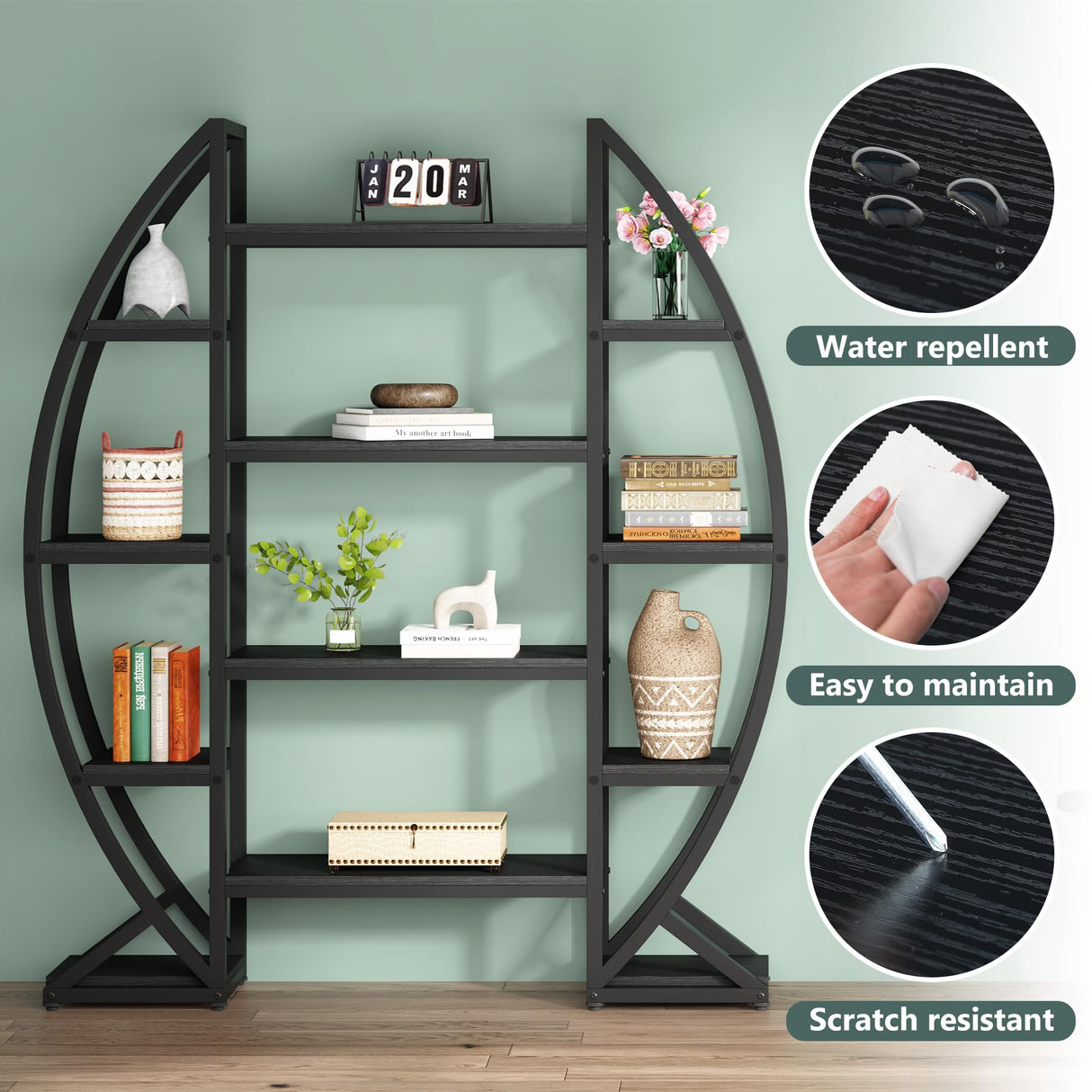 LITTLE TREE Half-Moon Shaped Bookshelf, Oval Triple Wide 5 Tiers Etagere Bookcases, Industrial Display Shelves for Living Room LITTLE TREE