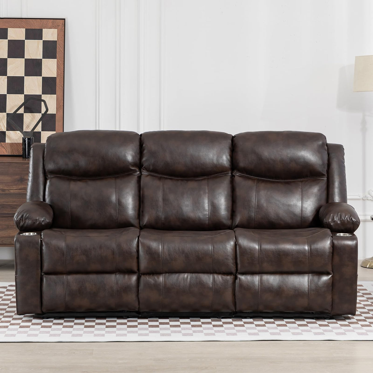 PALLOME Manual Reclining Sofa - 3 Seat Recliner Sofa with Heat & Massage Function, Wall-Hugger Reclining Sofa for Living Room (Brown) PALLOME