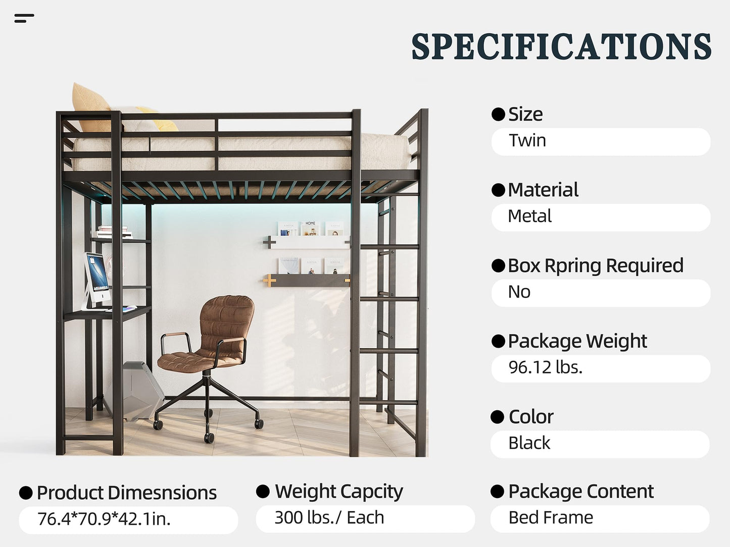 SUNLEI Loft Bed with Desk, Metal Loft Bed Twin Size with 2 Built-in Ladders, Space-Saving Bed Frame, Noise Free for Small Bedroom, with Safety Guard, Black (Twin Size)