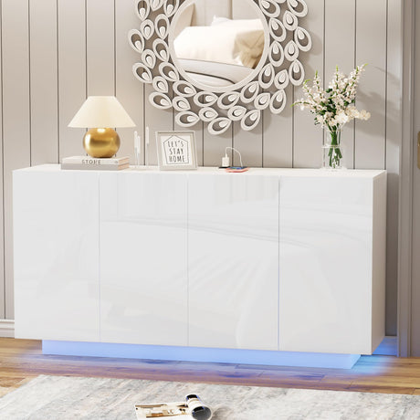 Anbuy White Buffet Cabinet with Lights 57.87'' Sideboard with Storage Coffee Bar with Charging Station Kitchen LED Buffet Cabinet with Doors for Bedroom, Living Room (White) Anbuy
