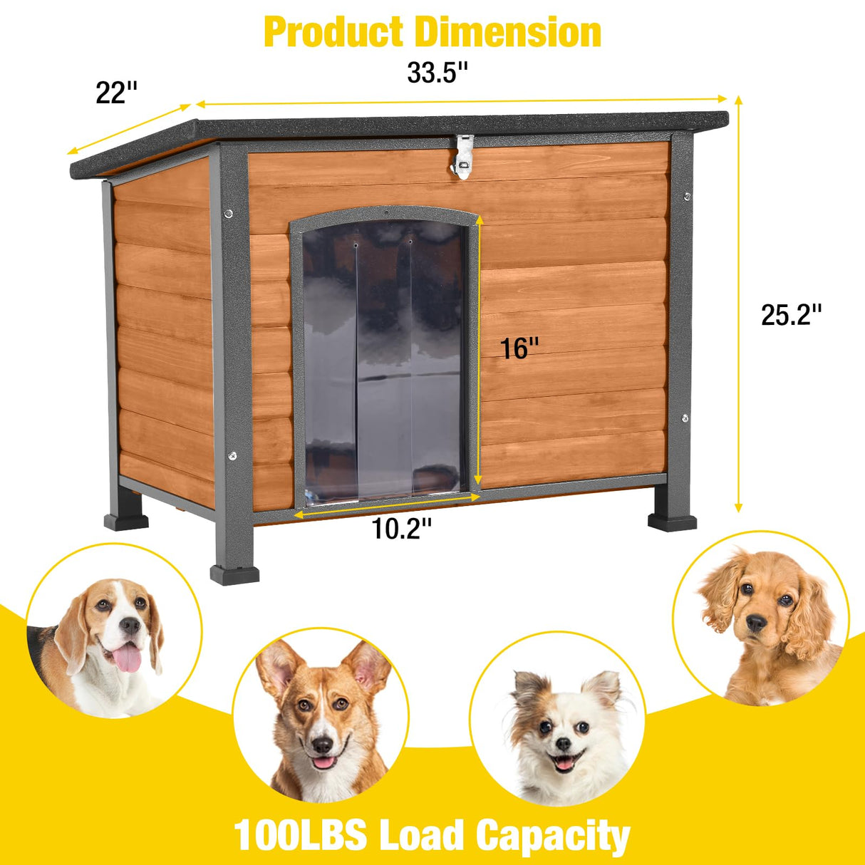 Aivituvin Dog House Outdoor & Indoor Wooden Dog Kennel for Winter with Raised Feet Weatherproof for Small & Medium & Large Dogs,Unique All-Around Iron Frame (Brown, M) Aivituvin