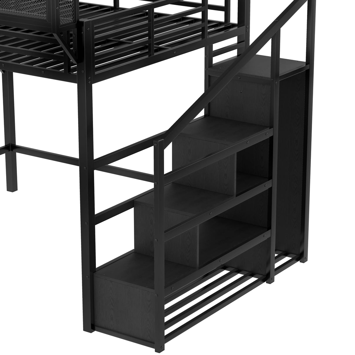 Metal Queen Size Loft Bed with Stairs and Wardrobe,Heavy Duty Loft Bed Frame with LED Lights and Charging Station for for Kids, Teens, Adults,Black Woodgrain Bellemave