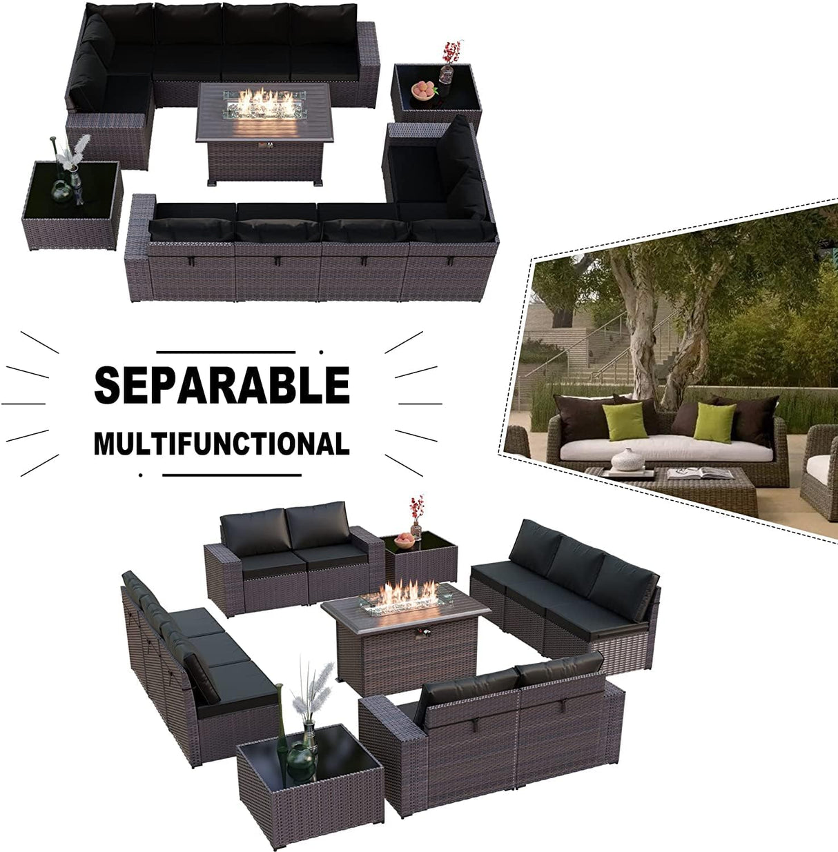 Kullavik 13 Pieces Outdoor Patio Furniture Set with 43" 55000BTU Gas Propane Fire Pit Table PE Wicker Rattan Sectional Sofa Patio Conversation Sets,Black Kullavik