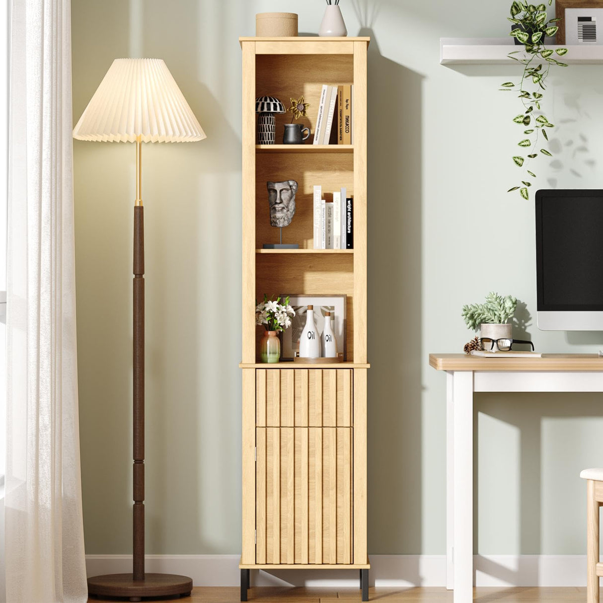 Maupvit 68" Tall Bathroom Storage Cabinet, Boho Wood Storage Cabinet Freestanding, Home Space Saving Organizer with Fluted Door & Drawer for Living Room, Dining Room, Kitchen, Utility Room Maupvit