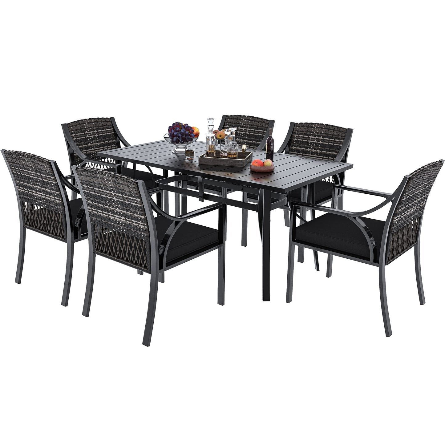 YITAHOME 7 Piece Patio Dining Set, Outdoor Patio Wicker Dining Table Furniture Set with All Iron Frame for Lawn Garden Backyard Deck, Removable Cushions(Black) - WoodArtSupply