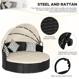 Outdoor Round Daybed Patio Bed Wicker Patio Furniture Outdoor Day Bed with Retractable Canopy Rattan Separated Seating Khaki Washable Cushioned and Three Pillow for Patio Backyard Porch Pool PayLessHere