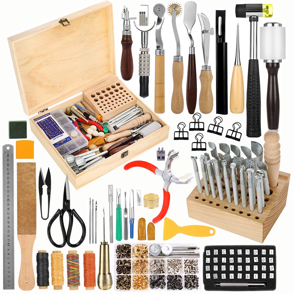 424 Pcs Leather Working Tools Leather Tools and Supplies with Instructions, Sewing Kit, Tool Holder, Wooden Storage Box, Stamping Set JUPEAN